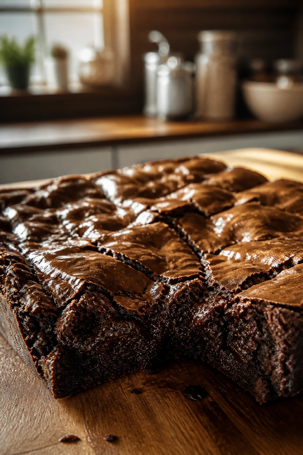 Close-up of glossy fudgy brownie slab with warm kitchen background