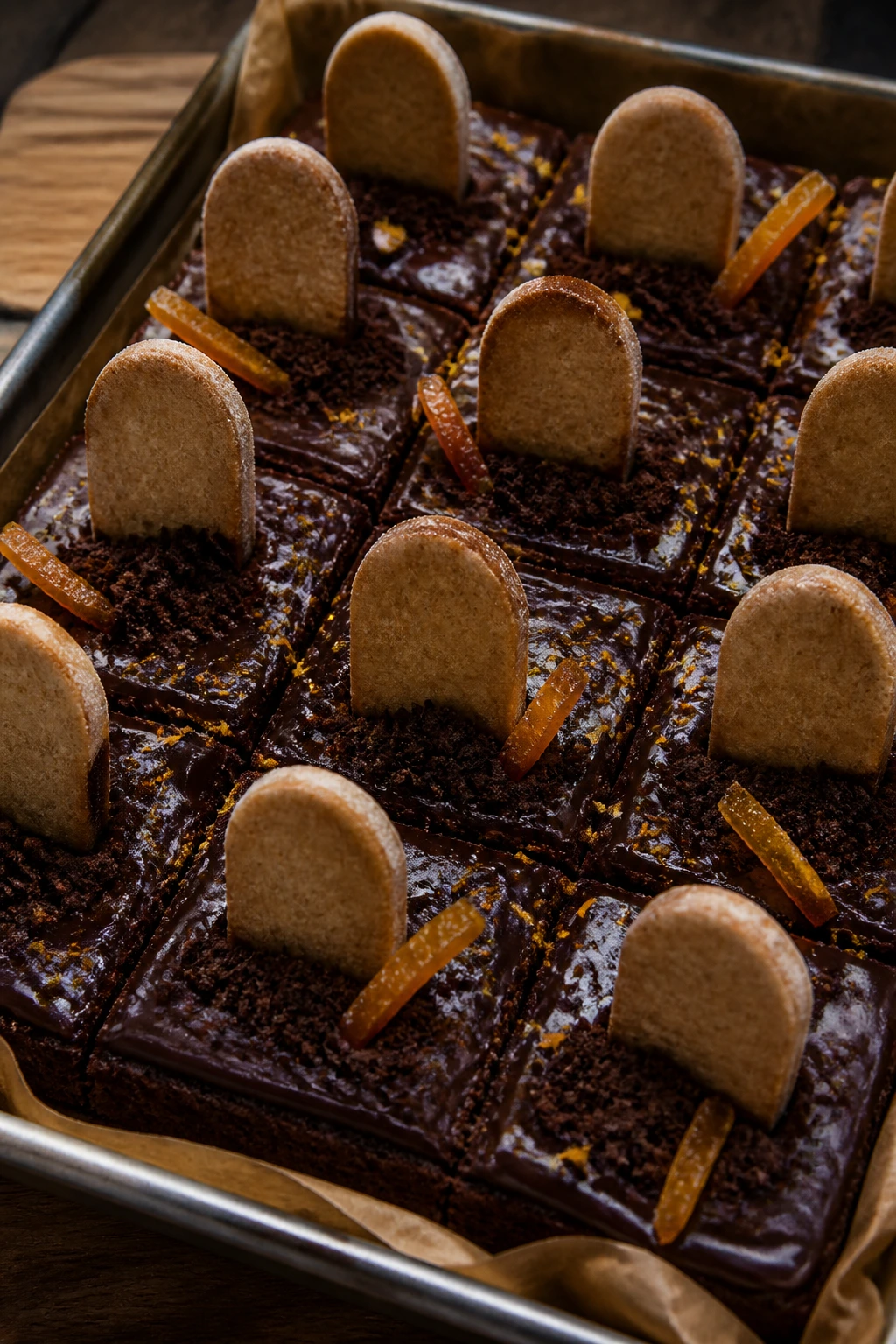Close-up of chocolate orange graveyard brownies with tombstone cookies and candied orange peels on parchment in a kitchen