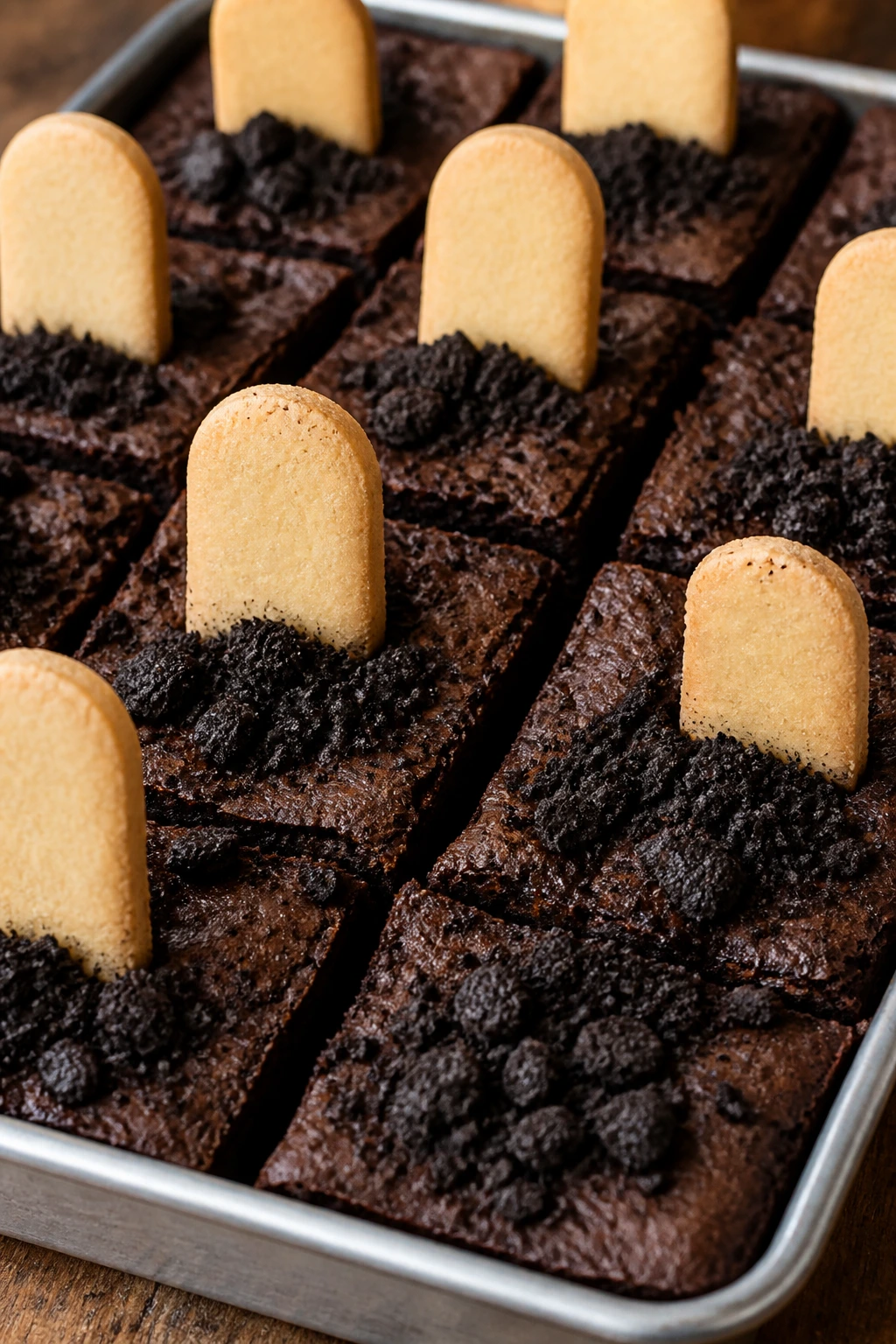 Tray of brownie squares with cookie tombstones and dirt crumb in a kitchen