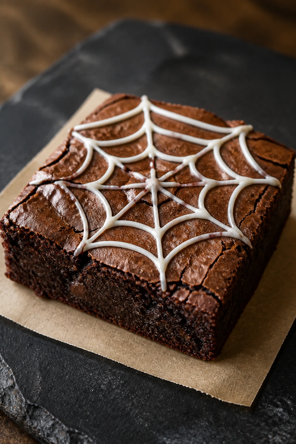 Close-up brownie with white chocolate spiderweb design on top