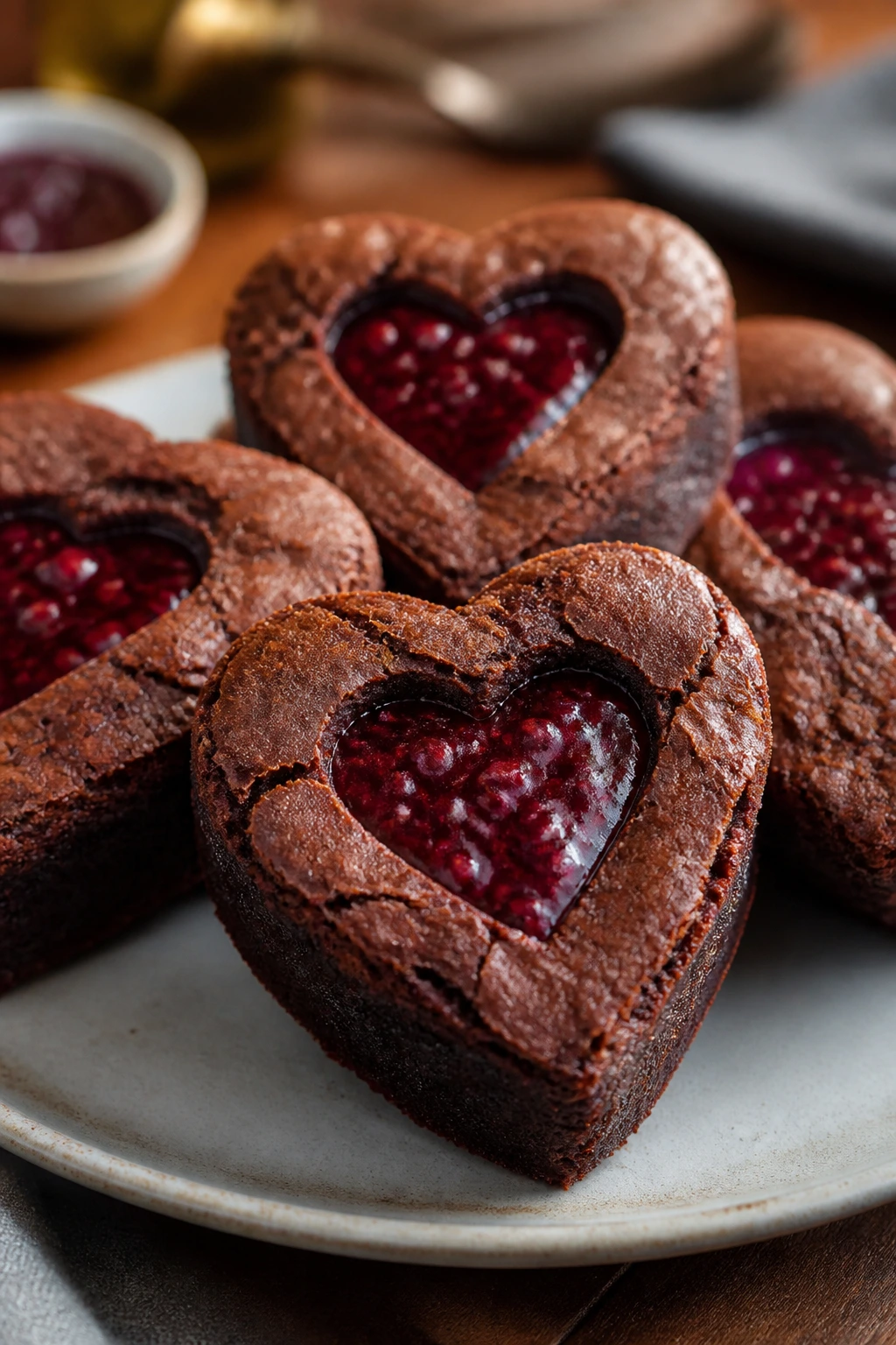 Close-up of brownie heart bars with jam centers on a plate