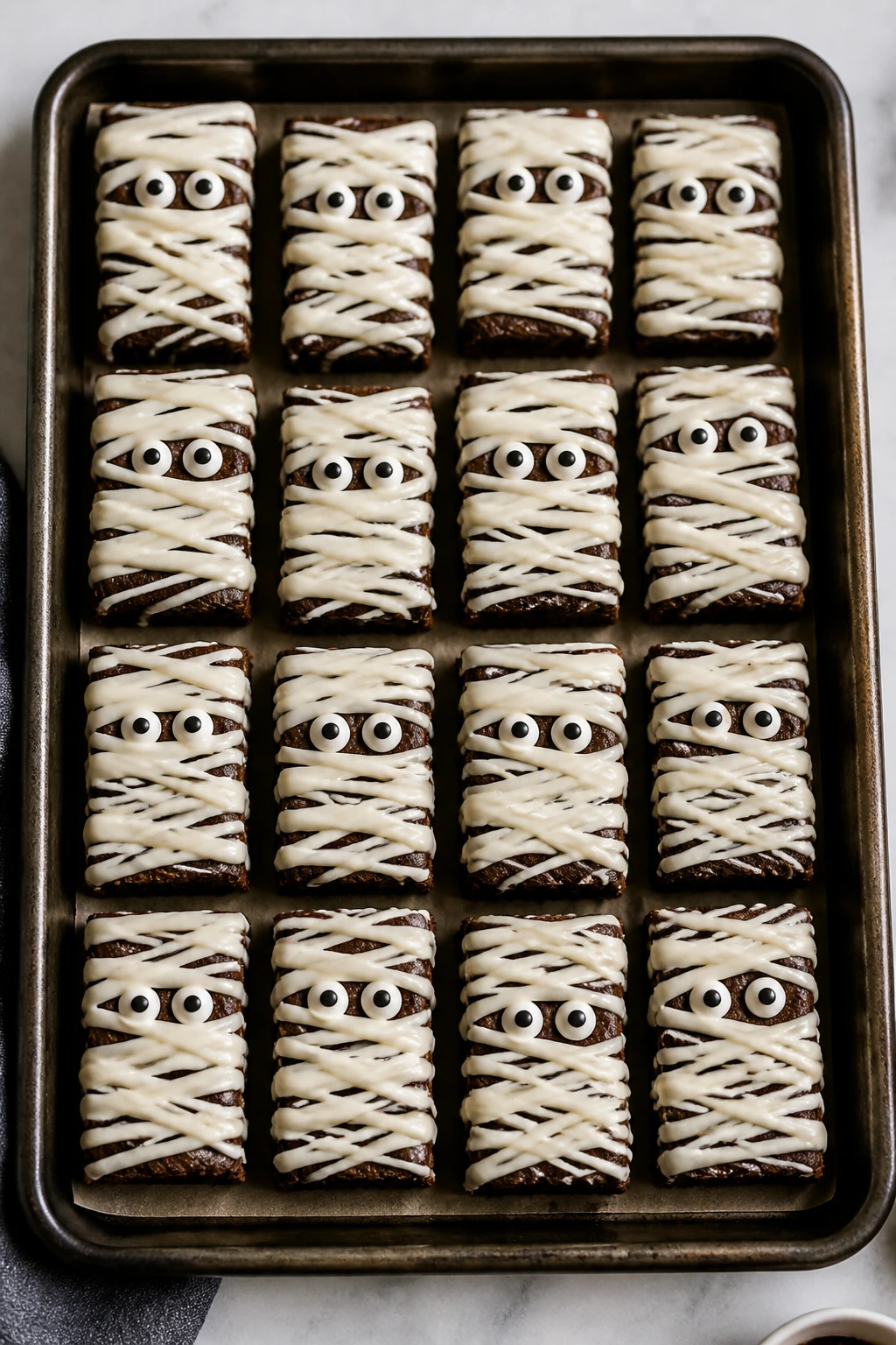 Top-down view of a tray of brownie mummies arranged in neat rectangles