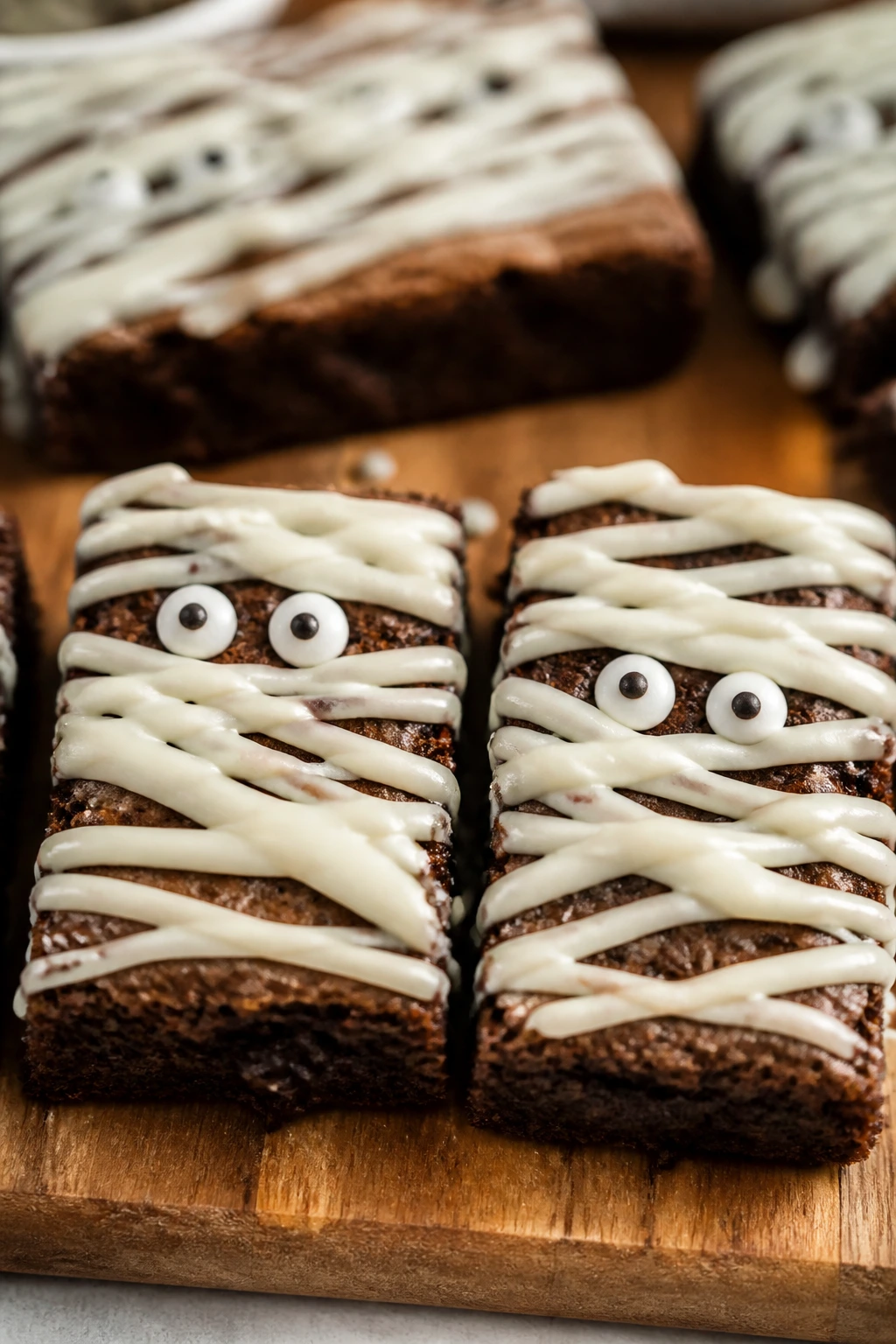 Close-up of brownies decorated as mummy faces with white drizzle