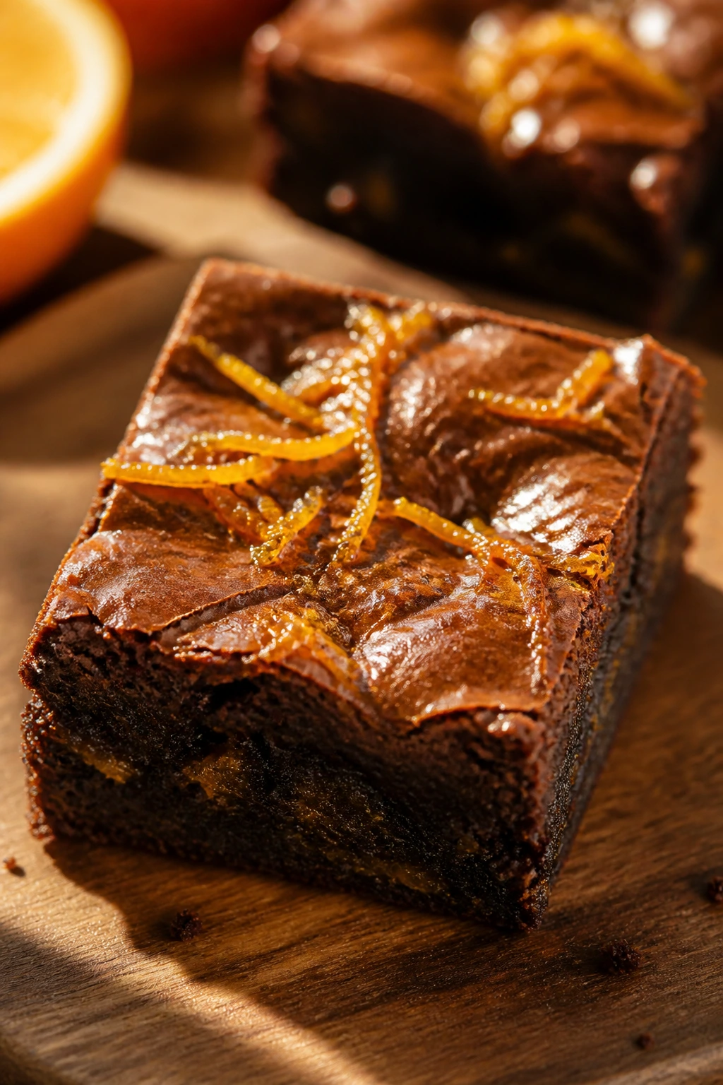 Close-up of orange zest on top of brownie with marmalade streaks