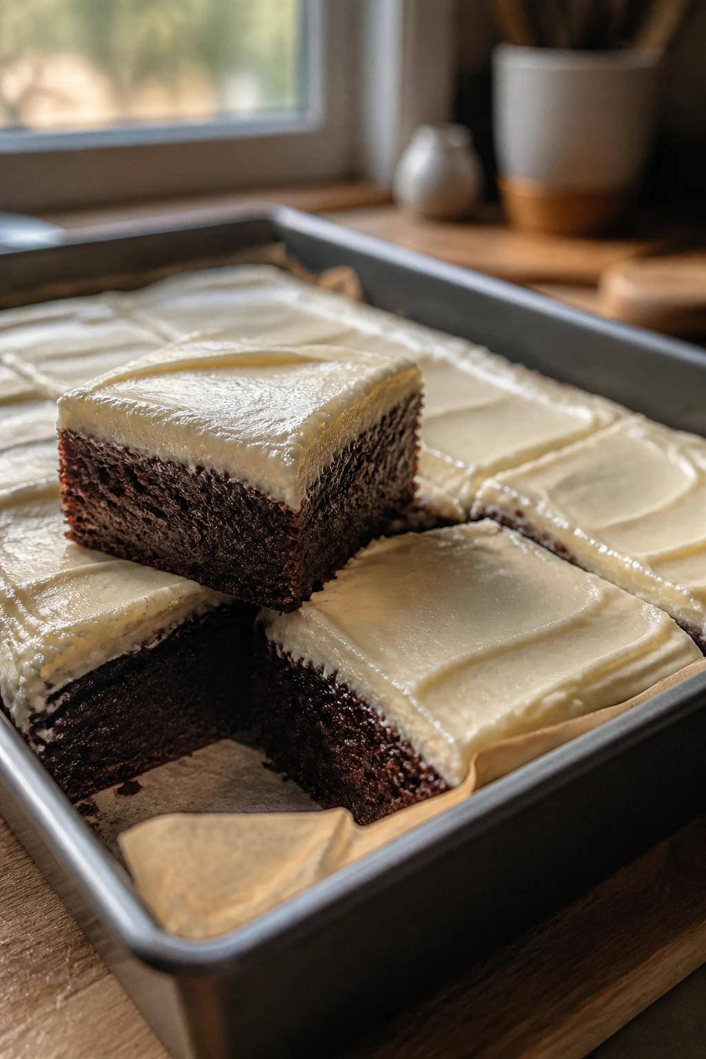 Close-up of pan-baked brownies with cream cheese frosting in a baking pan