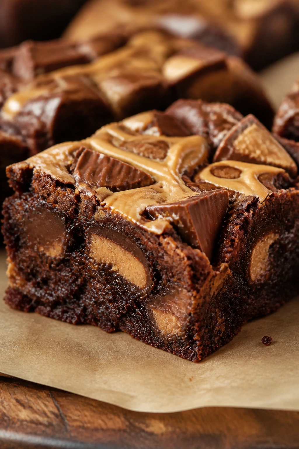 Brownie square with peanut butter cups and swirl