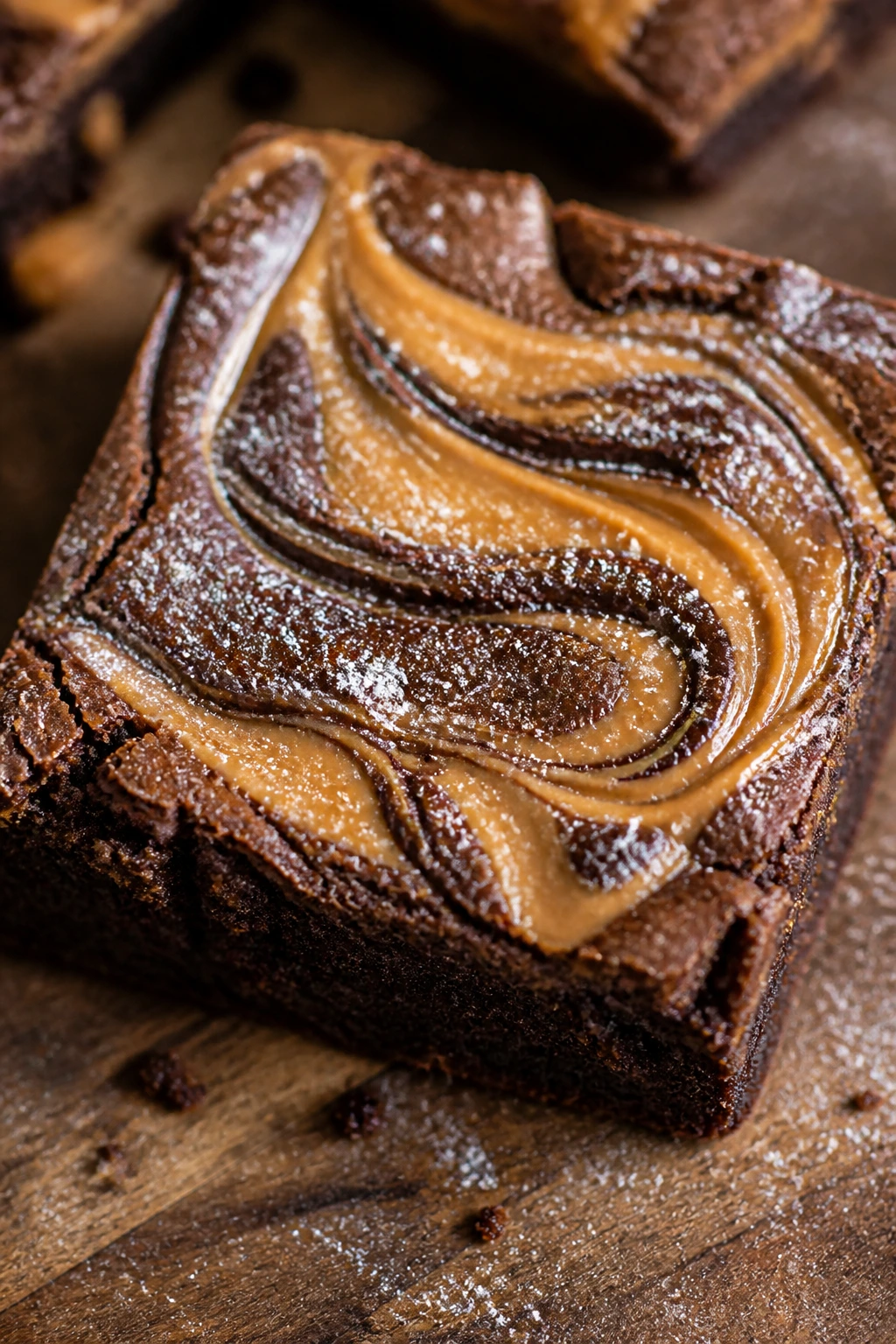 Close-up of peanut butter swirl brownie with pale ribbons on dark chocolate