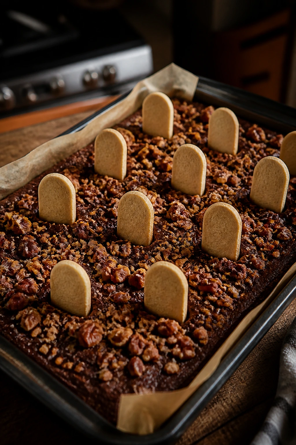 Close-up of toffee pecan graveyard brownies with tombstone cookies on parchment in a kitchen