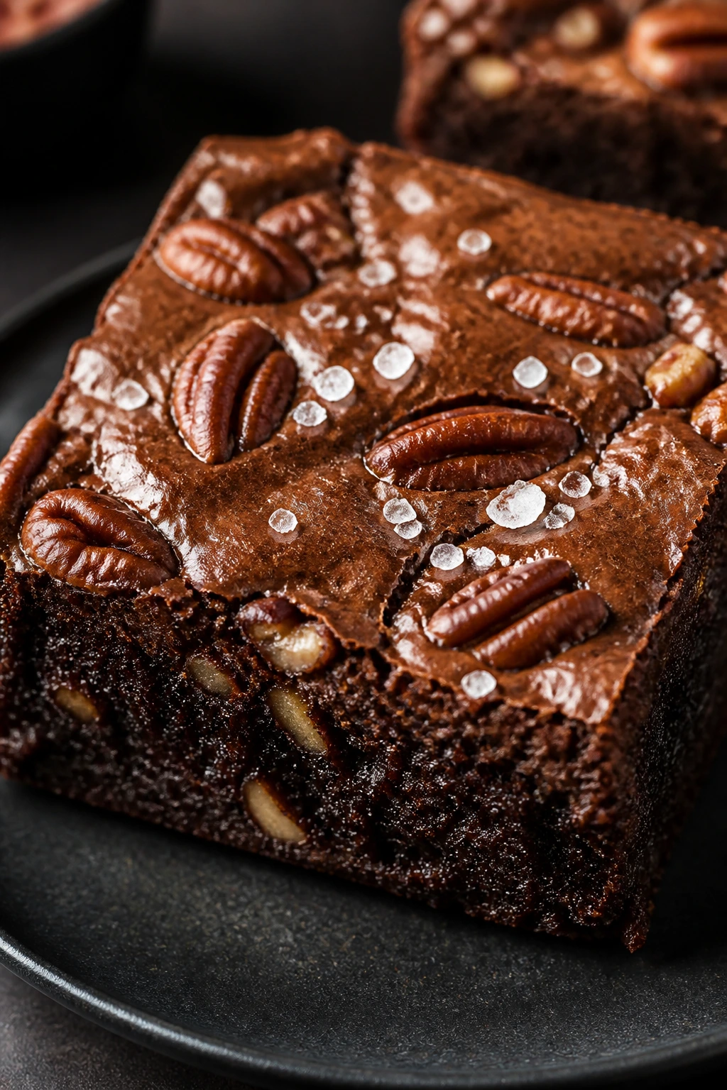 Fudgy chocolate brownie with pecans and sea salt on a dark plate