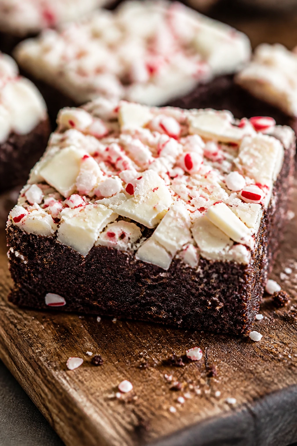 Close-up of peppermint bark brownie with white chocolate bark and crushed candy canes