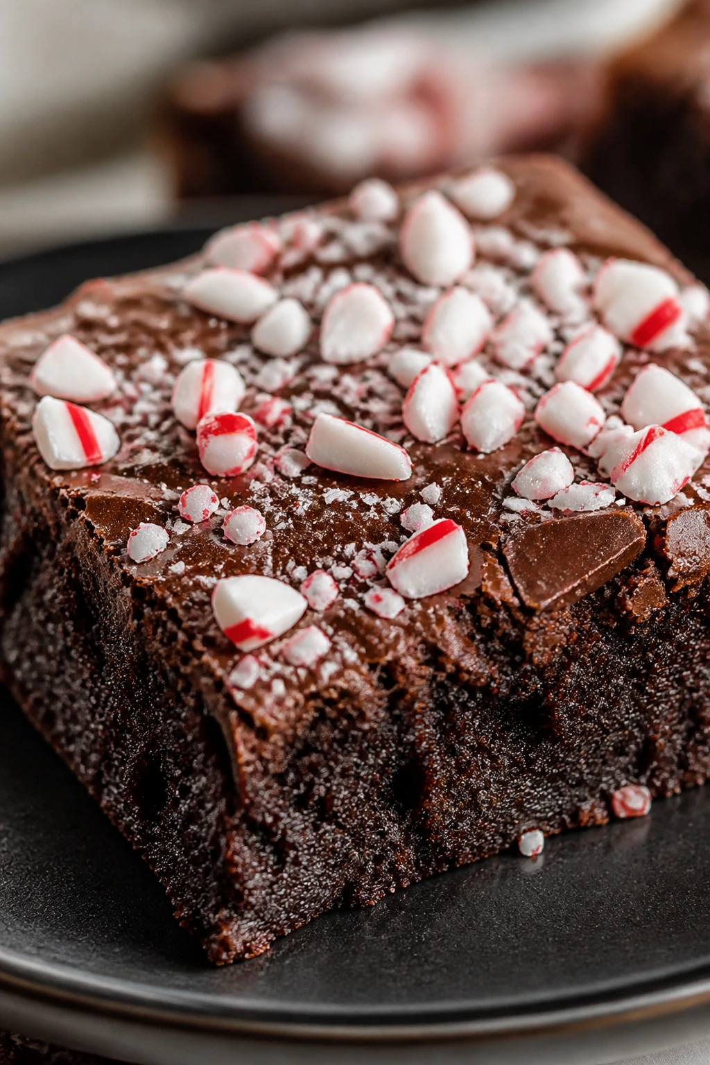Fudgy chocolate brownie square with crushed peppermint on top