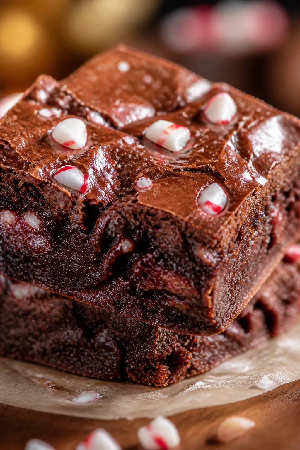 Fudgy peppermint brownie square close-up