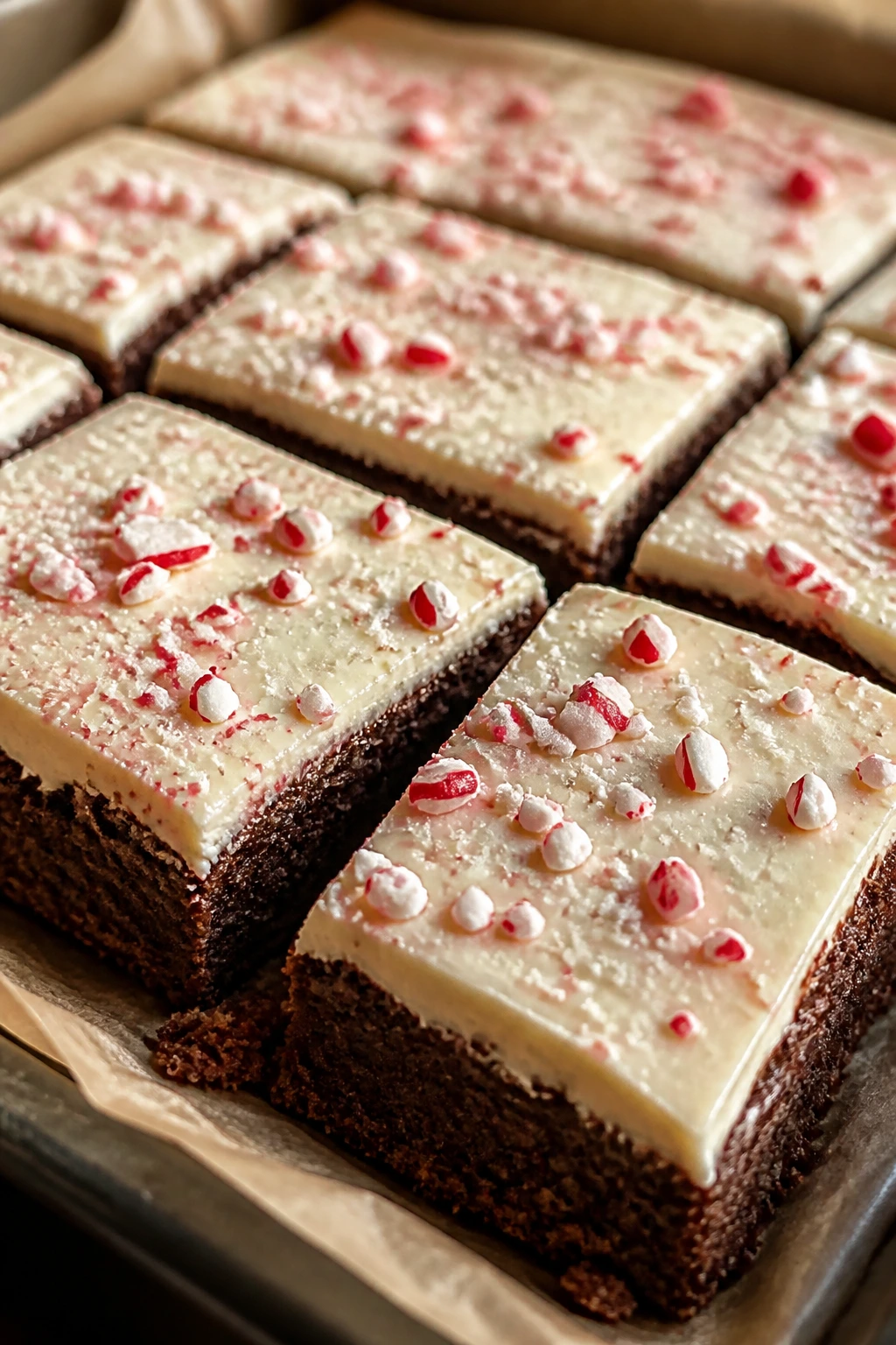Brownies with white chocolate top and peppermint candy on parchment