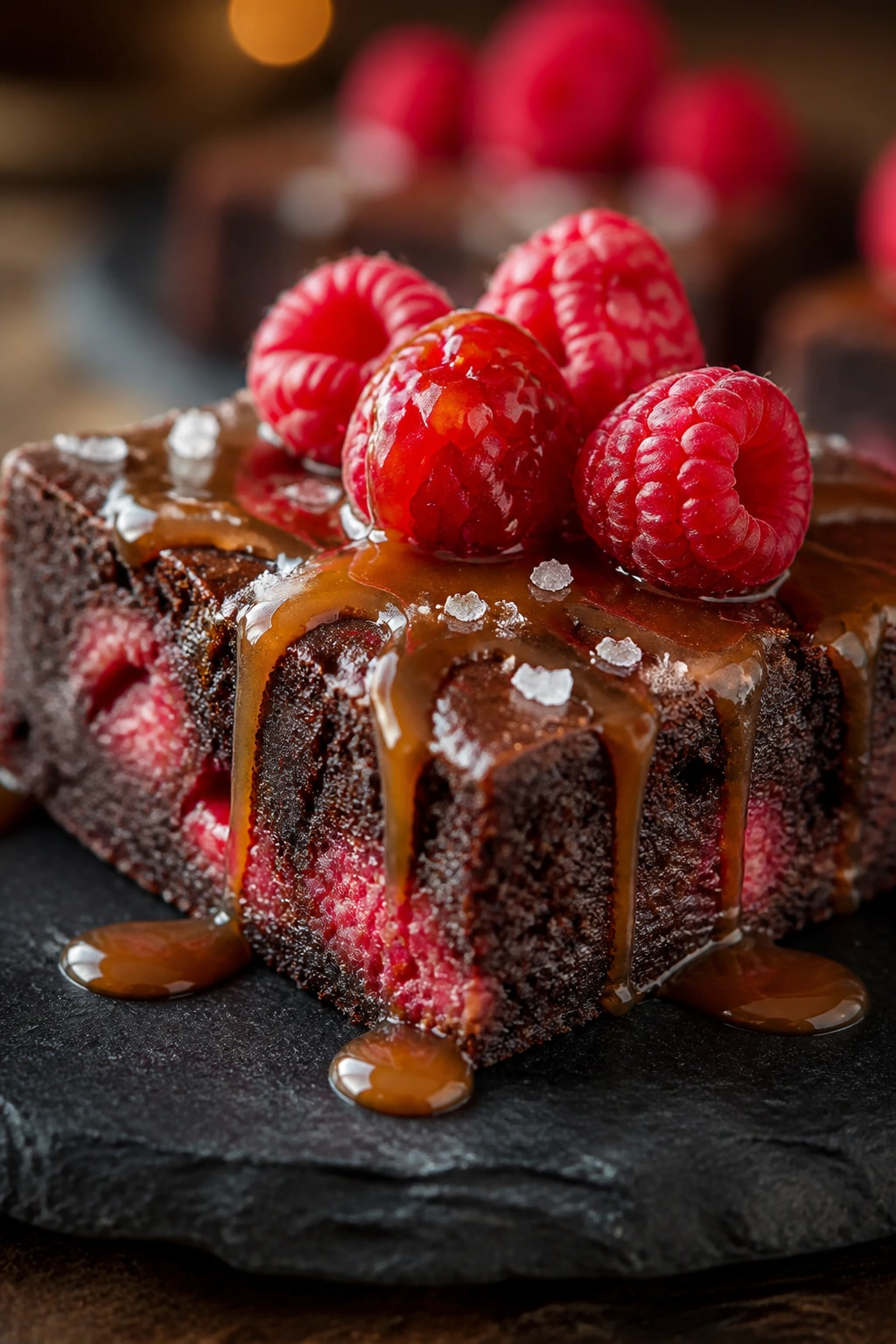 Brownie square with raspberries and caramel drizzle on slate plate