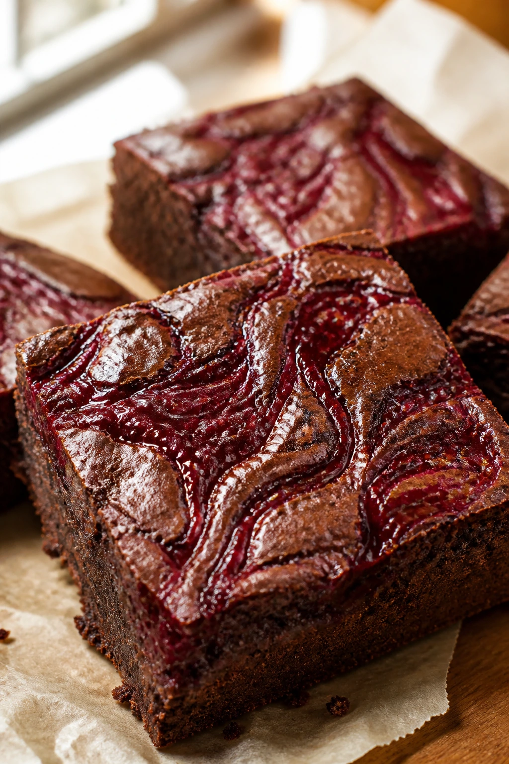 Close-up of raspberry jam marble brownie with red swirl patterns