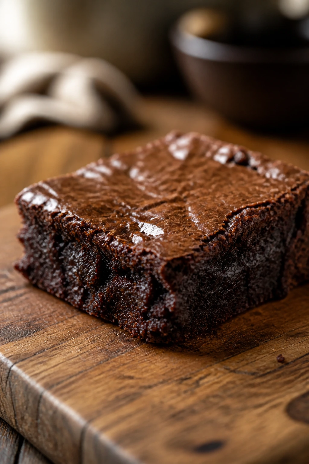 Close-up fudgy brownie with glossy top on wooden board
