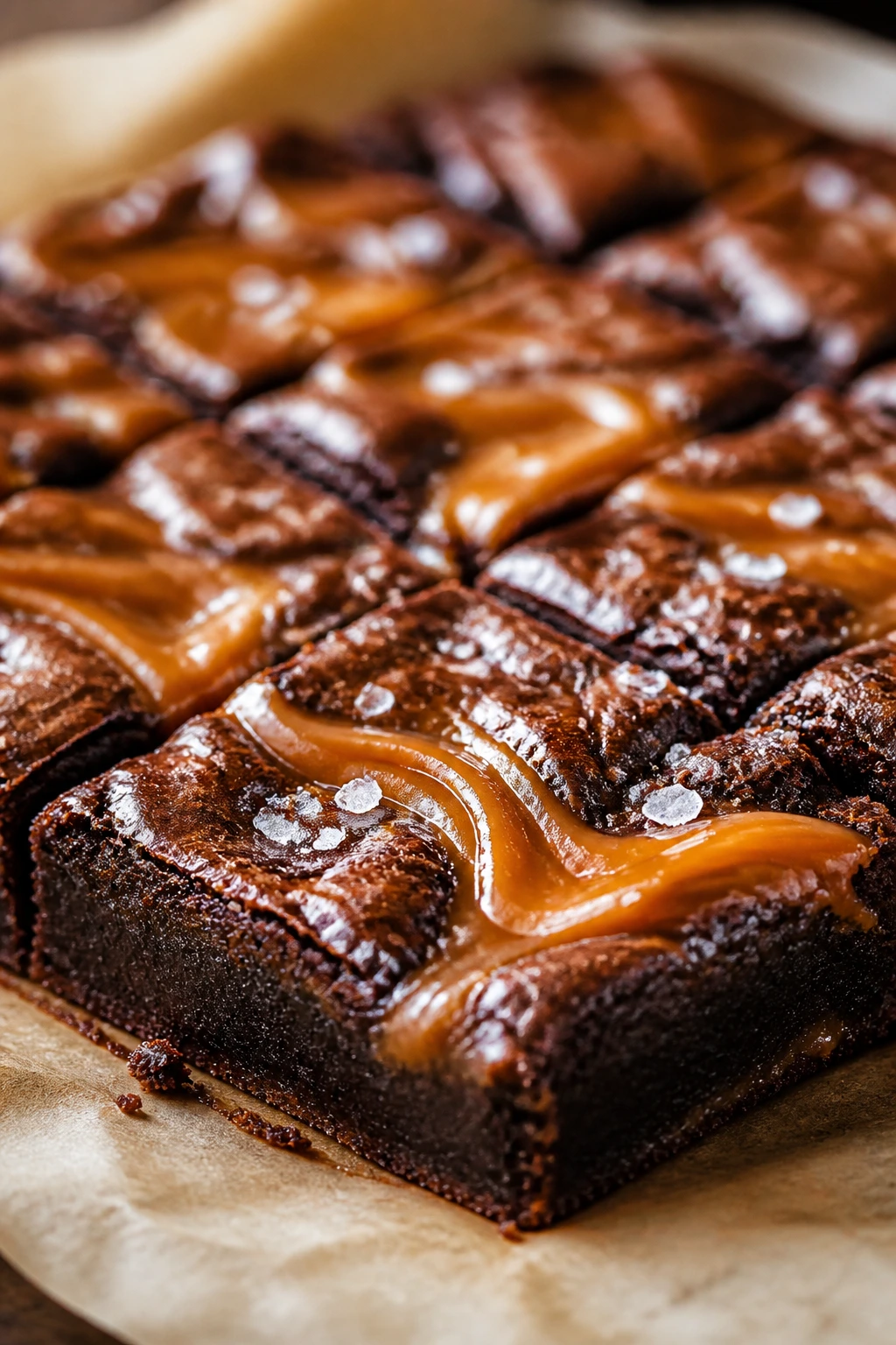 Brownie slab with salted caramel swirl and sea salt