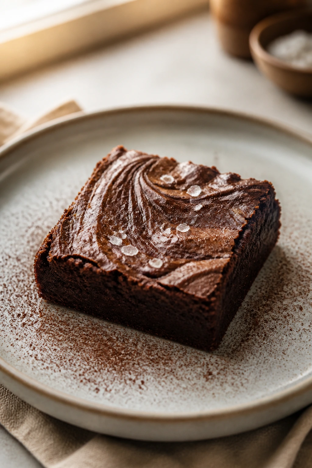 Plated fudgy brownie with cocoa dusting and salt