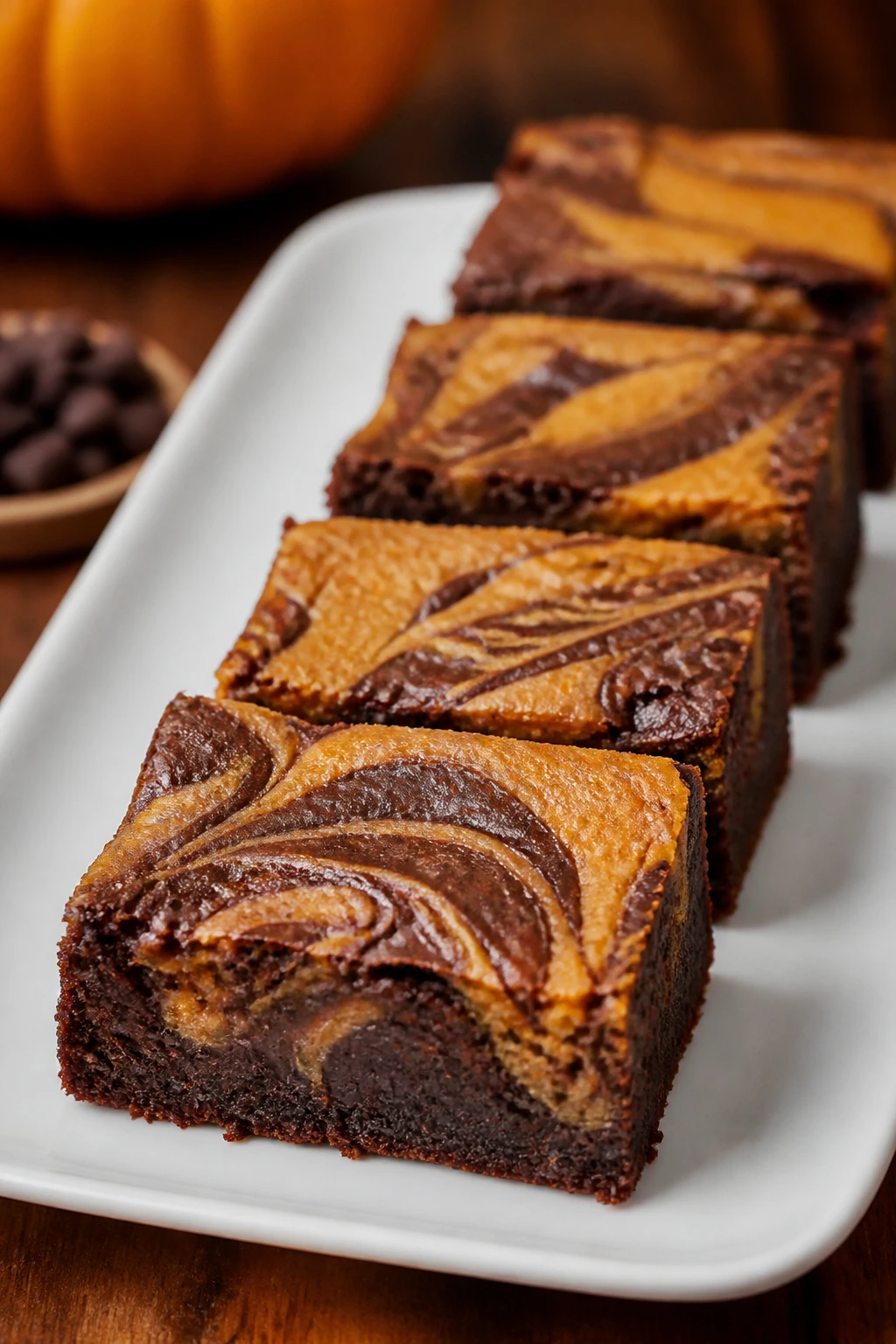 Plate of pumpkin swirl brownies ready to serve