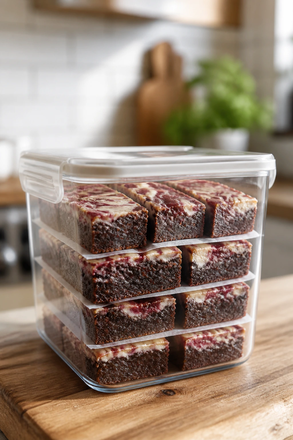 A glass container with swirl brownies stacked inside