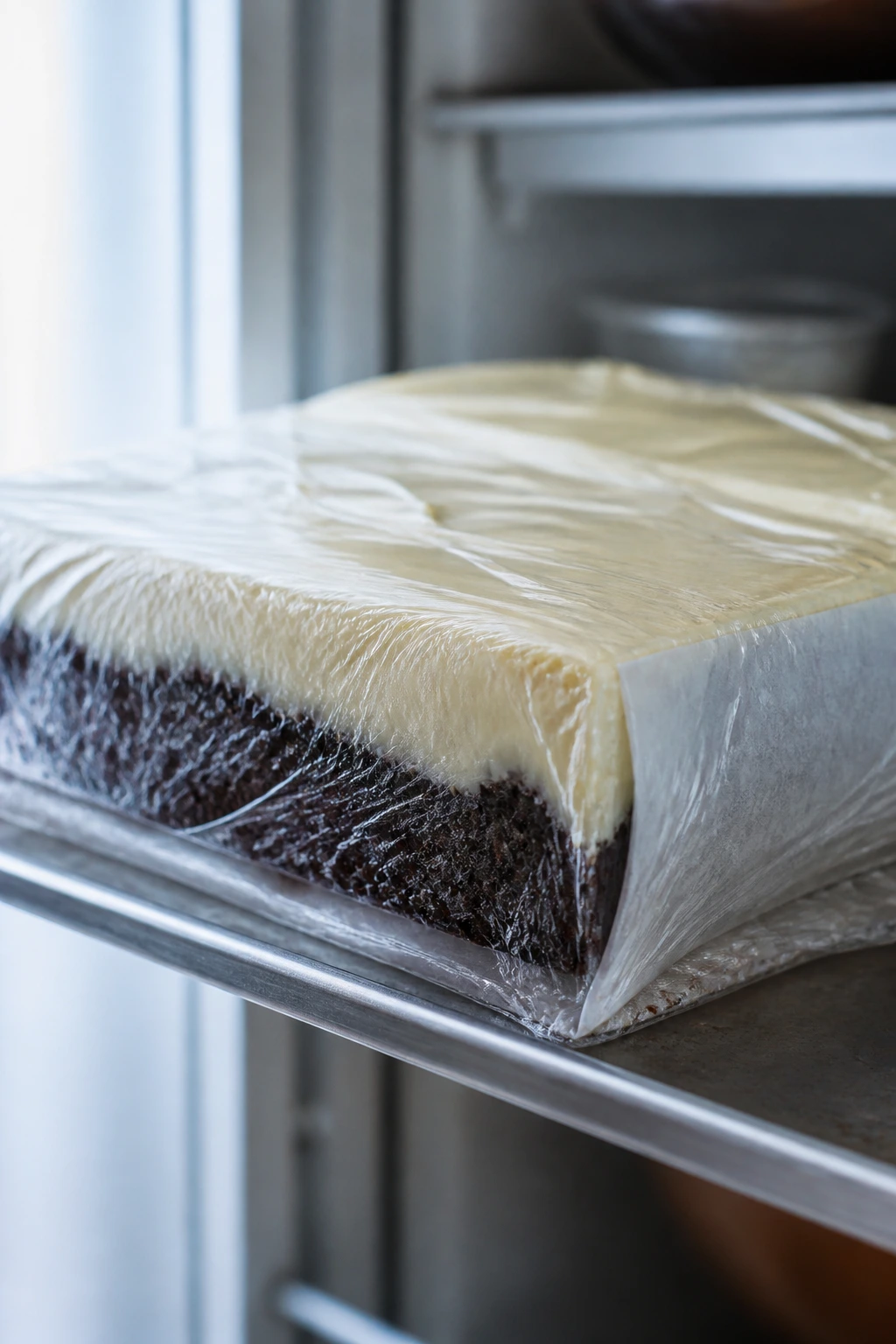 Frosted brownie slab wrapped in plastic on fridge shelf