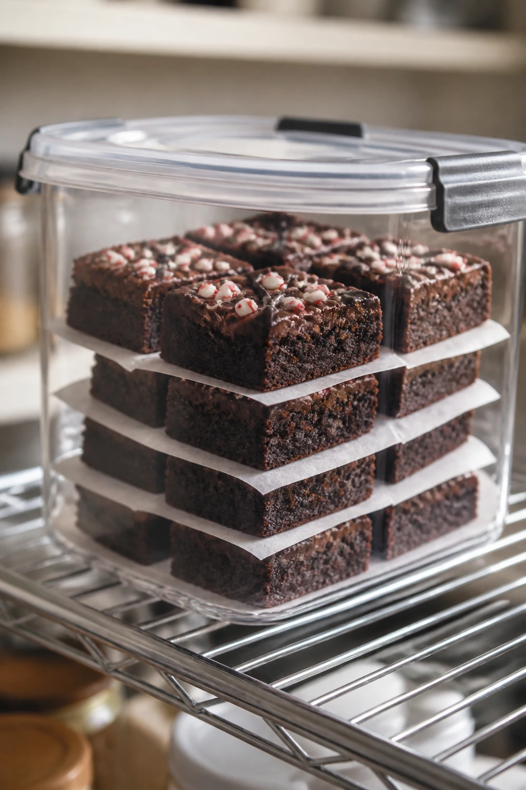 Stack of brownie squares in a clear airtight container with parchment between layers.