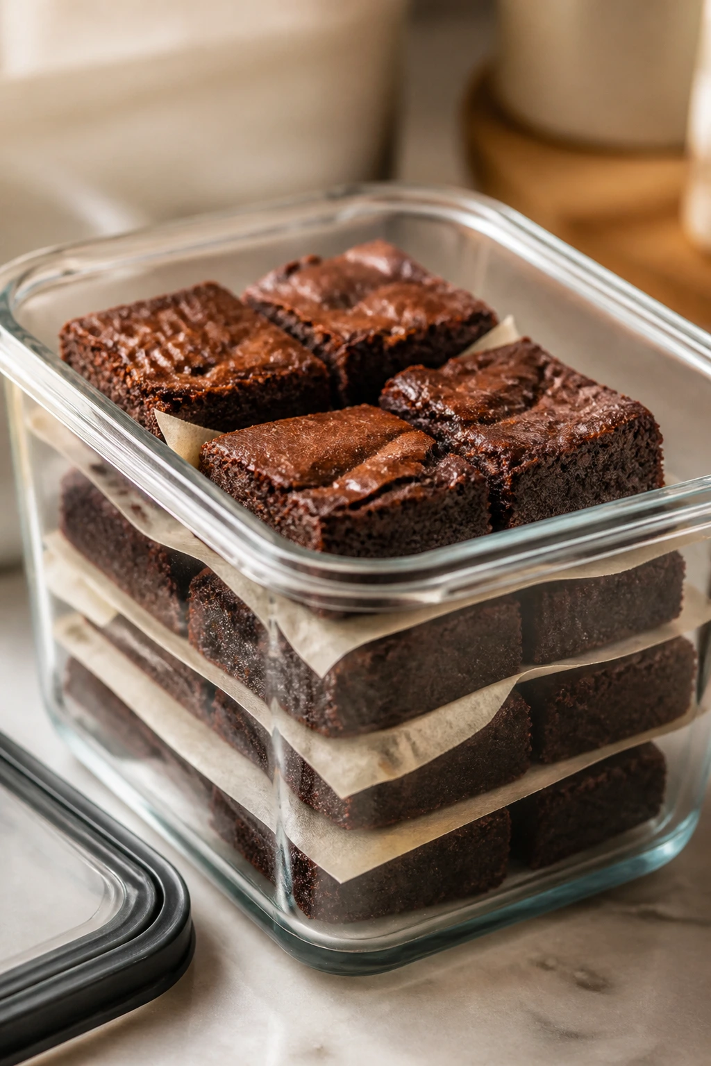 Glass container with fudgy brownies stored with parchment