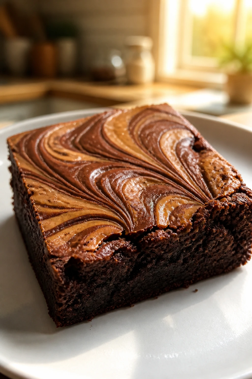 Close-up of a brownie with a pristine swirl on top on a plate in a warm kitchen