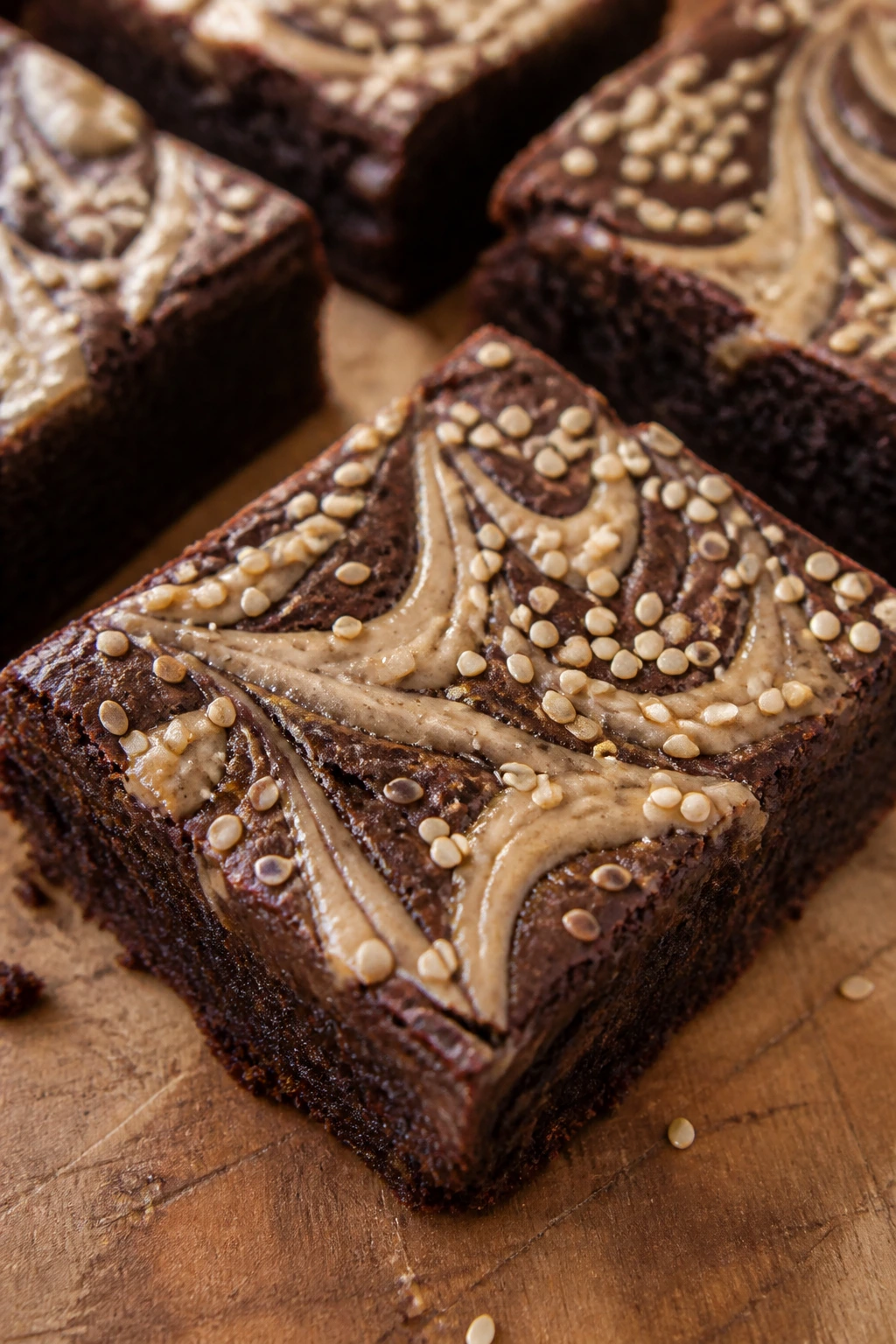 Close-up of tahini sesame brownie with pale swirl ribbons and sesame seeds