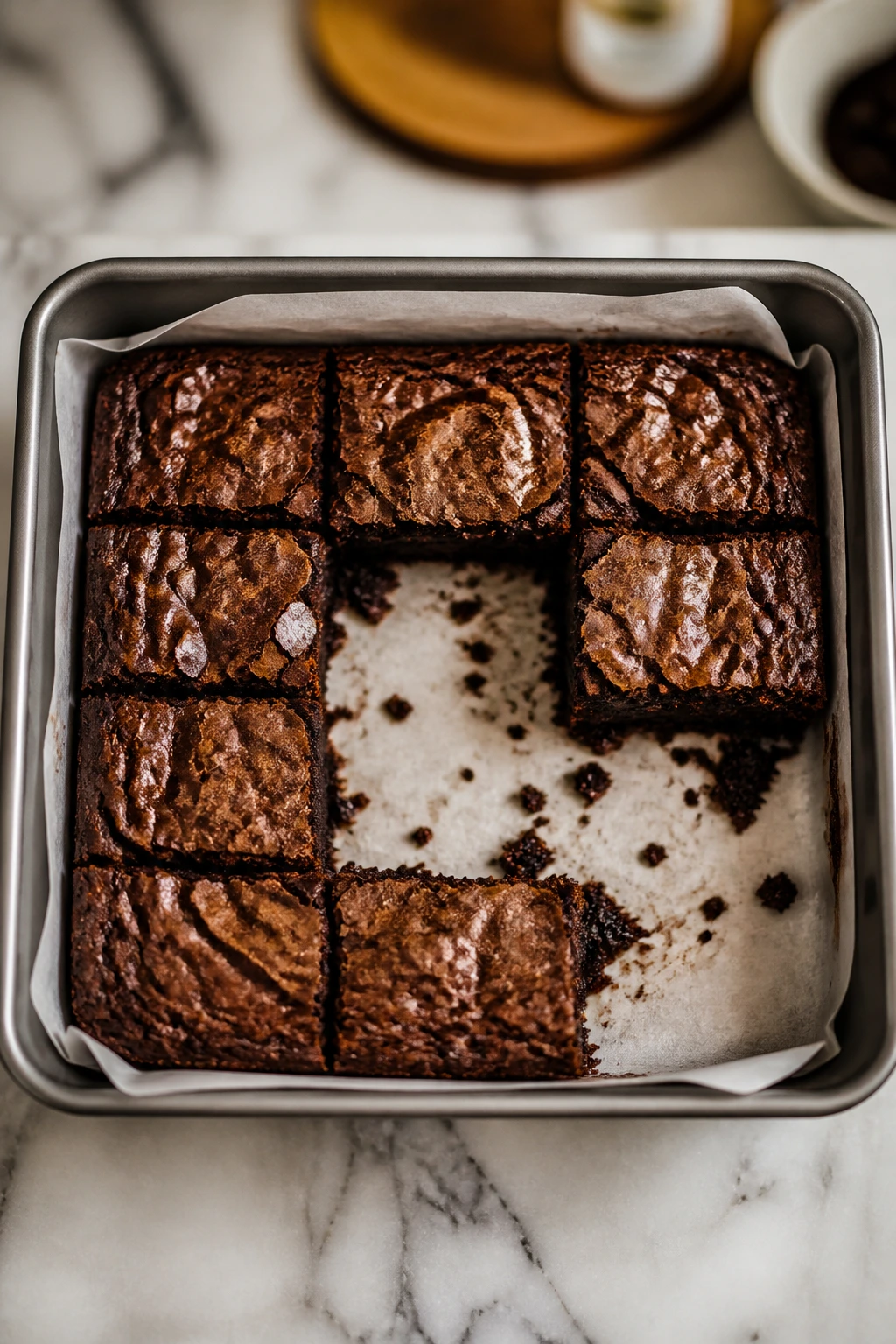 Top-down view of an 8x8 brownie tray with missing squares