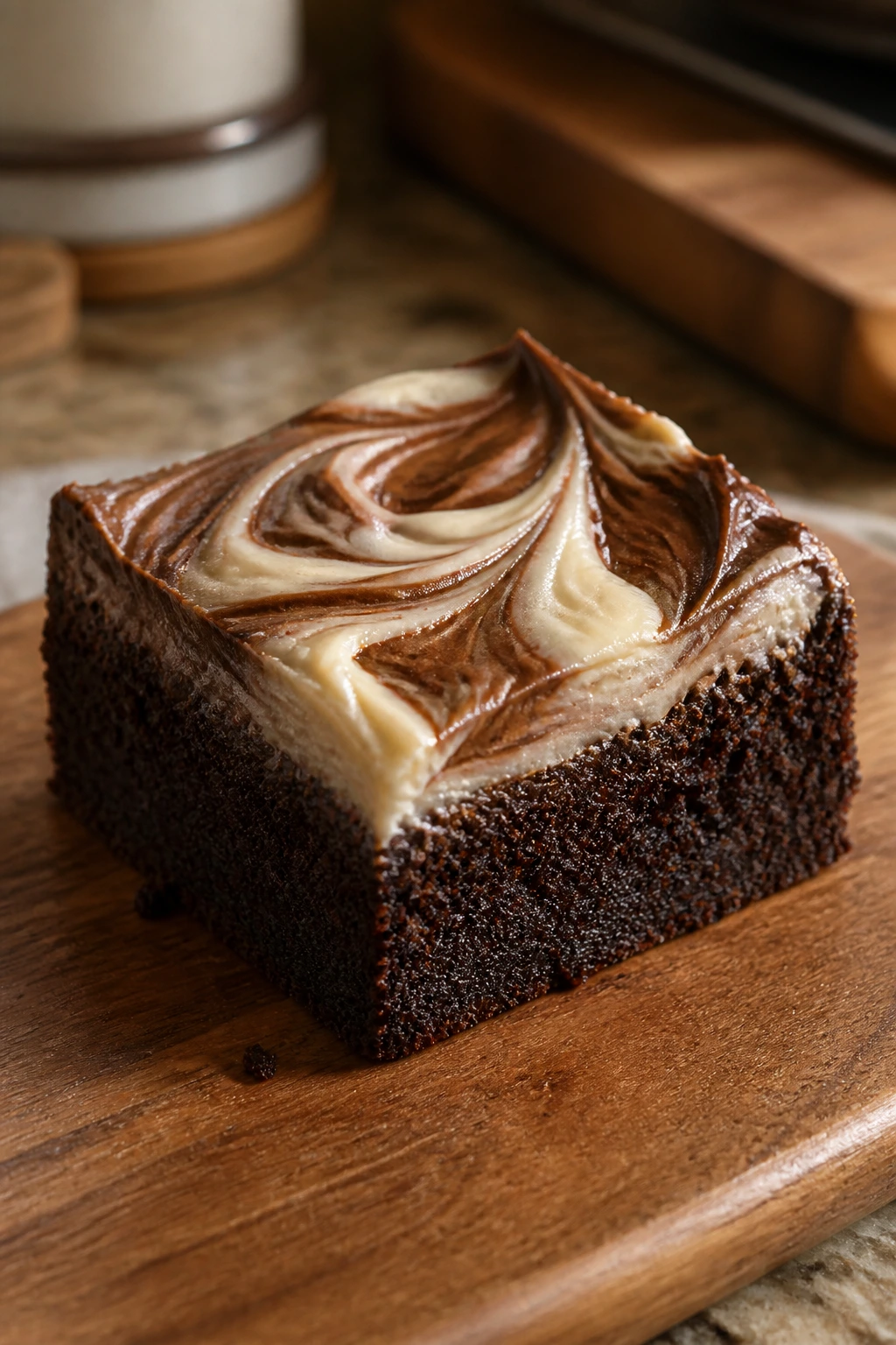 Brownie square with marbled frosting on a cutting board