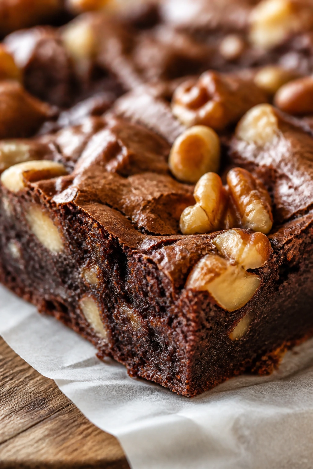 Close-up of walnut-topped brownie corner on parchment