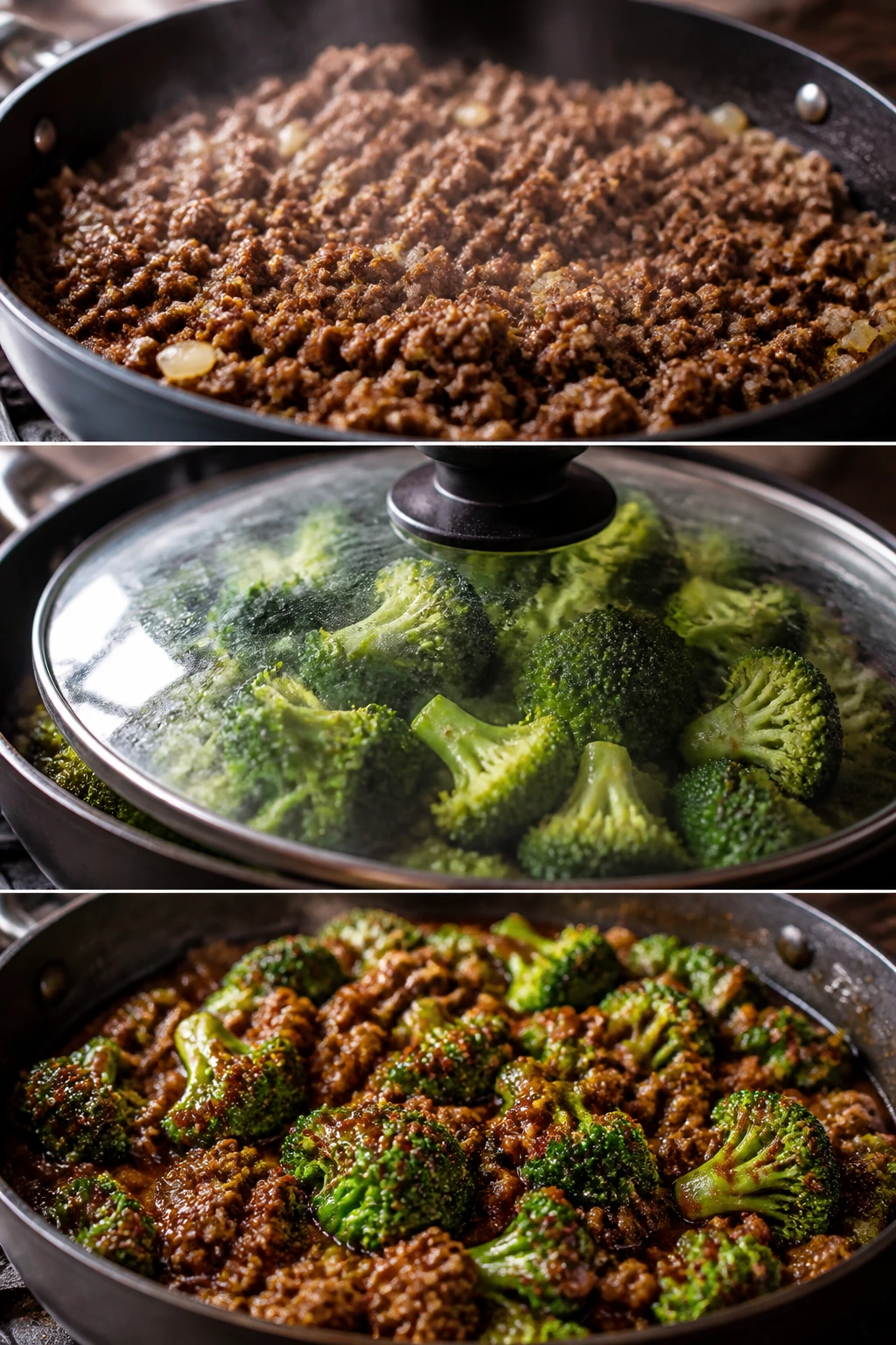Beef and broccoli in a pan showing browning, steaming, and glaze
