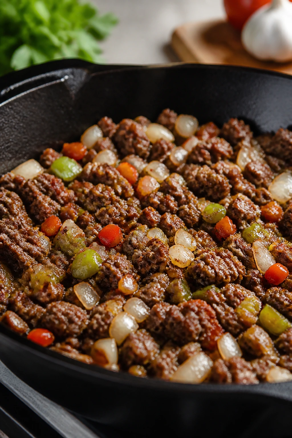 Browned beef with onions in skillet
