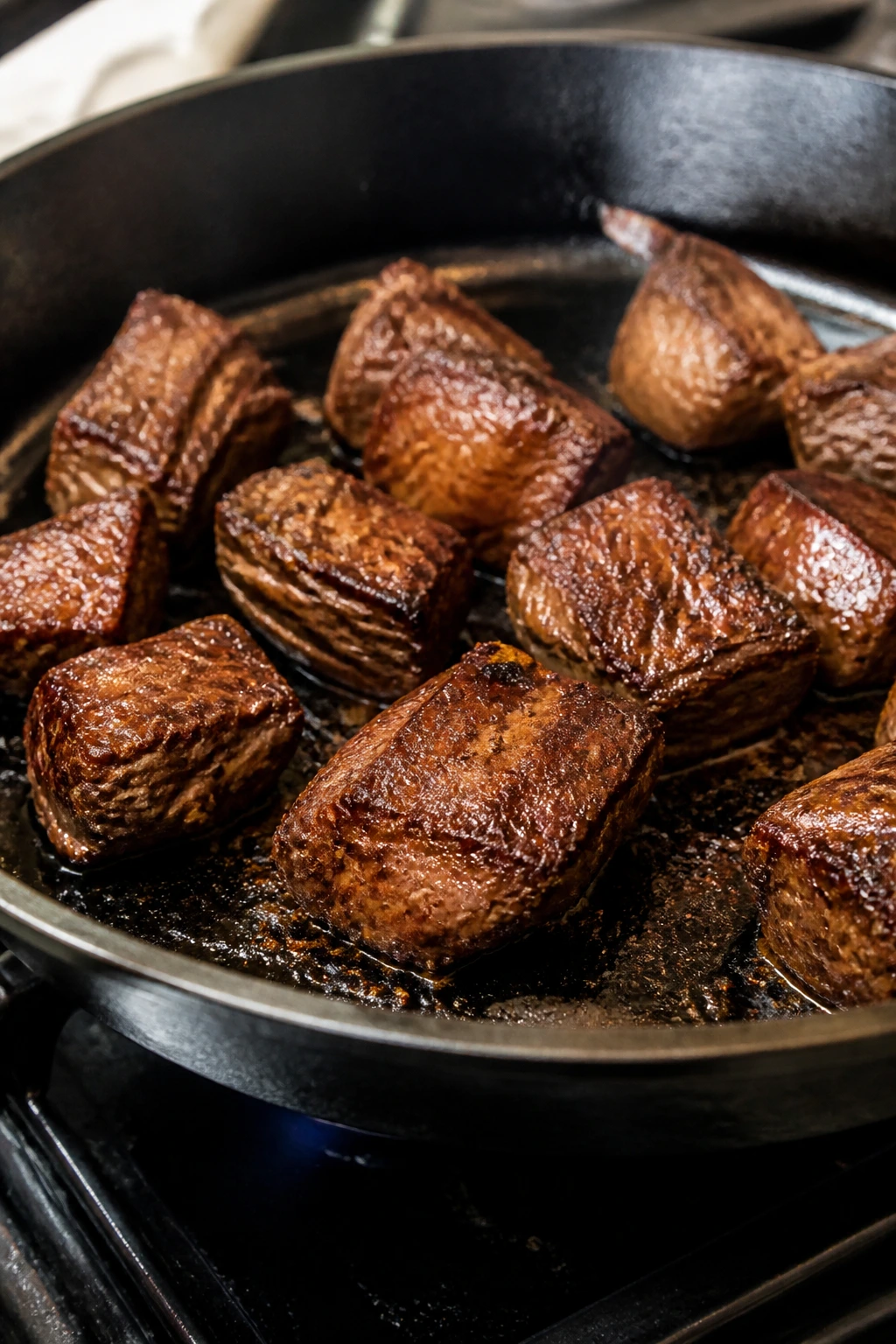 Close-up of beef browning with a deep crust in a skillet