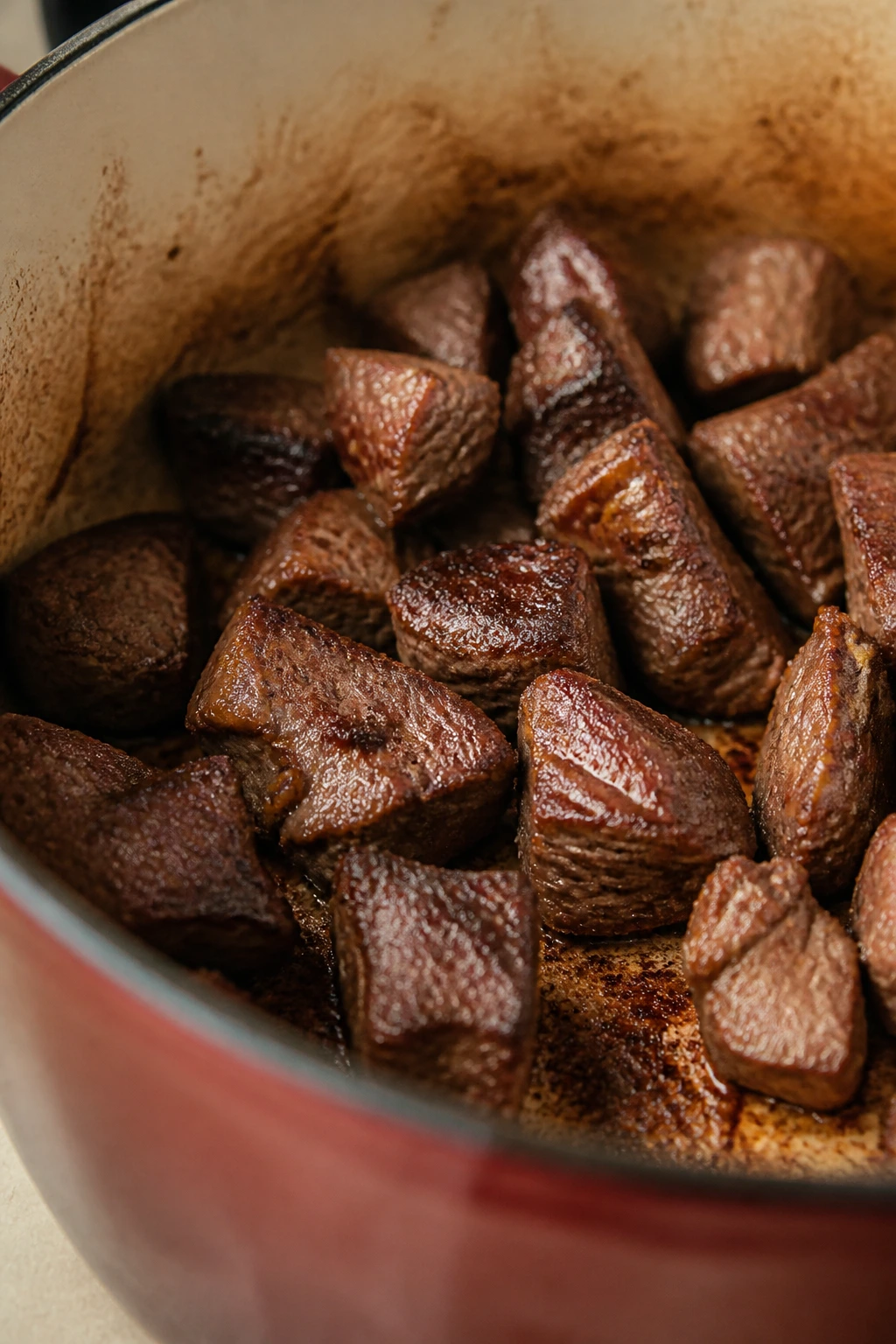 Browned beef cubes searing in a Dutch oven