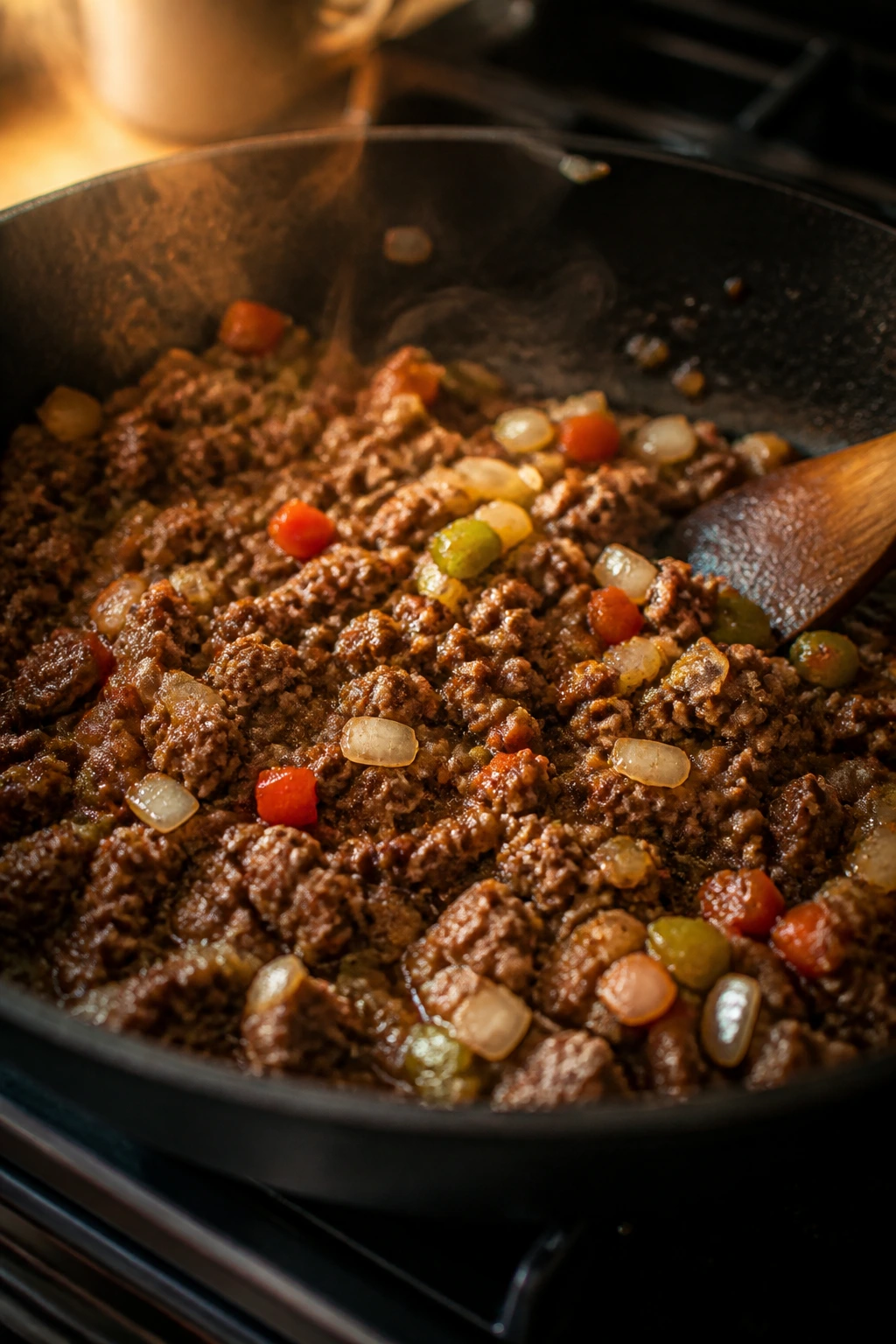 Skillet with browned beef and aromatics browning
