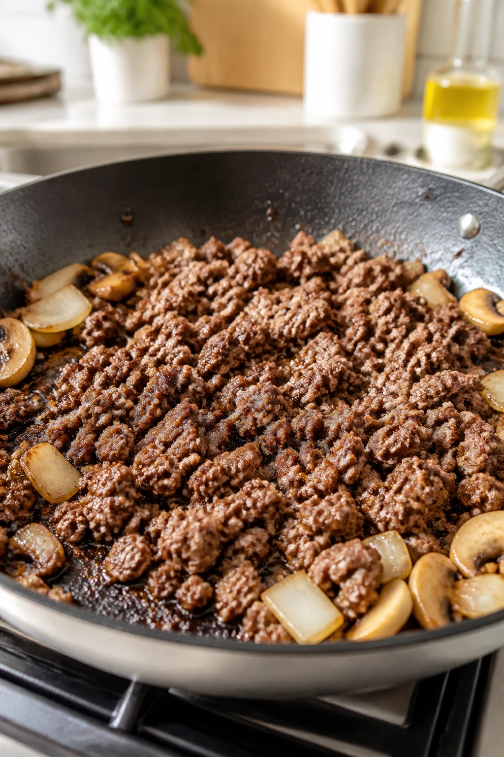 Beef browning evenly in a hot skillet without drying