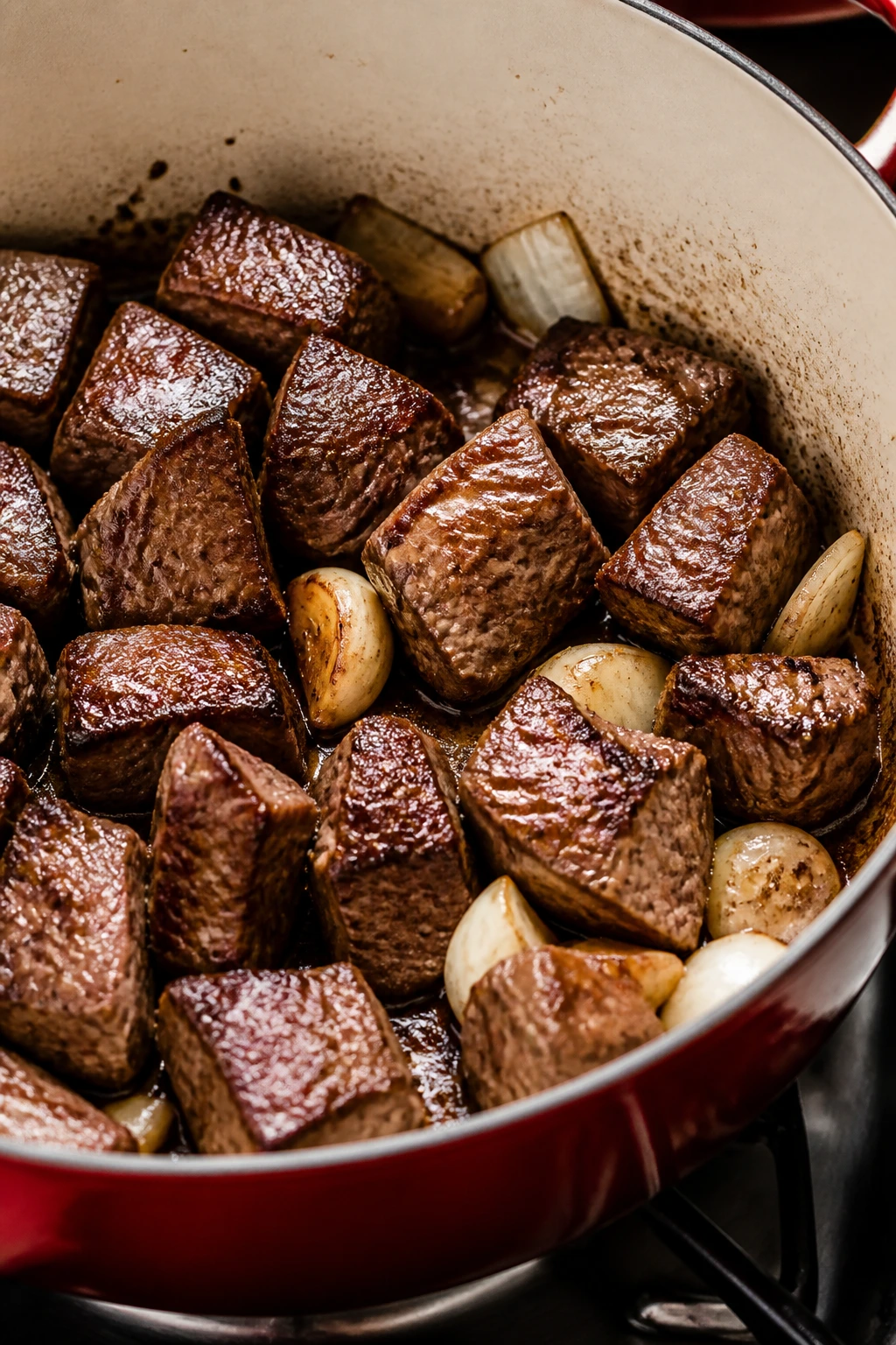 Beef cubes browning in a Dutch oven with aromatics