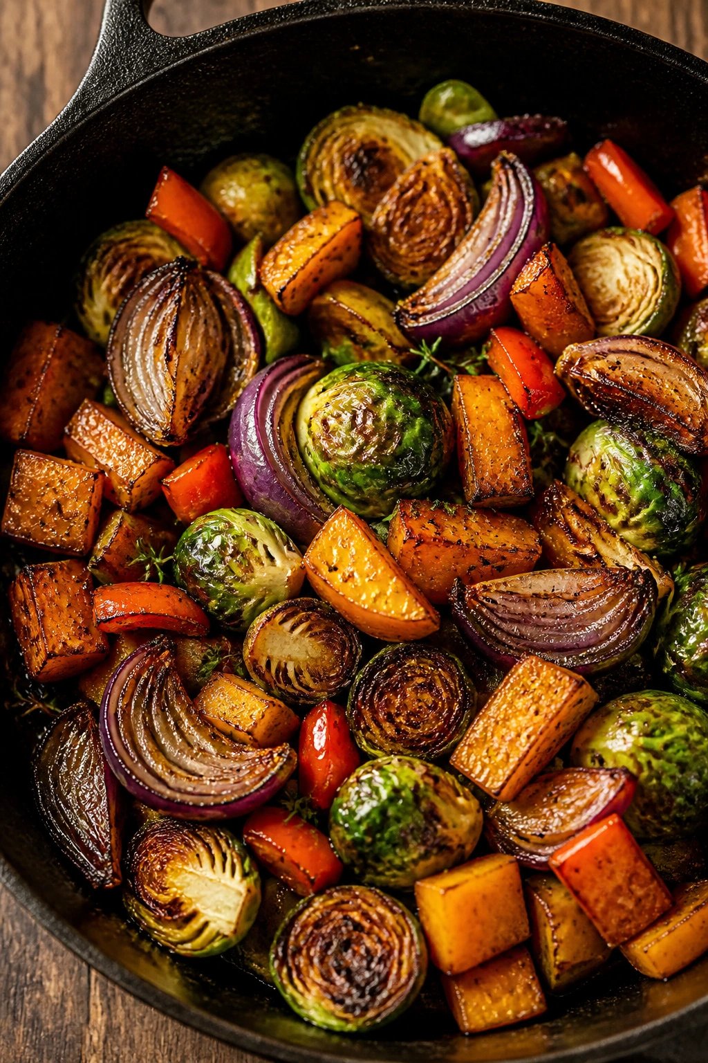 Close-up of vegetables browning in a pan showing caramelization and Maillard browning.