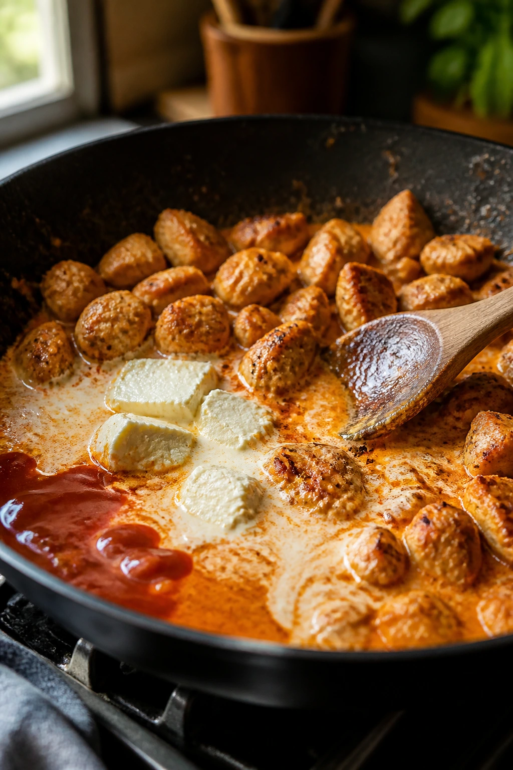 Close-up of chicken browning in a pan with cream sauce forming