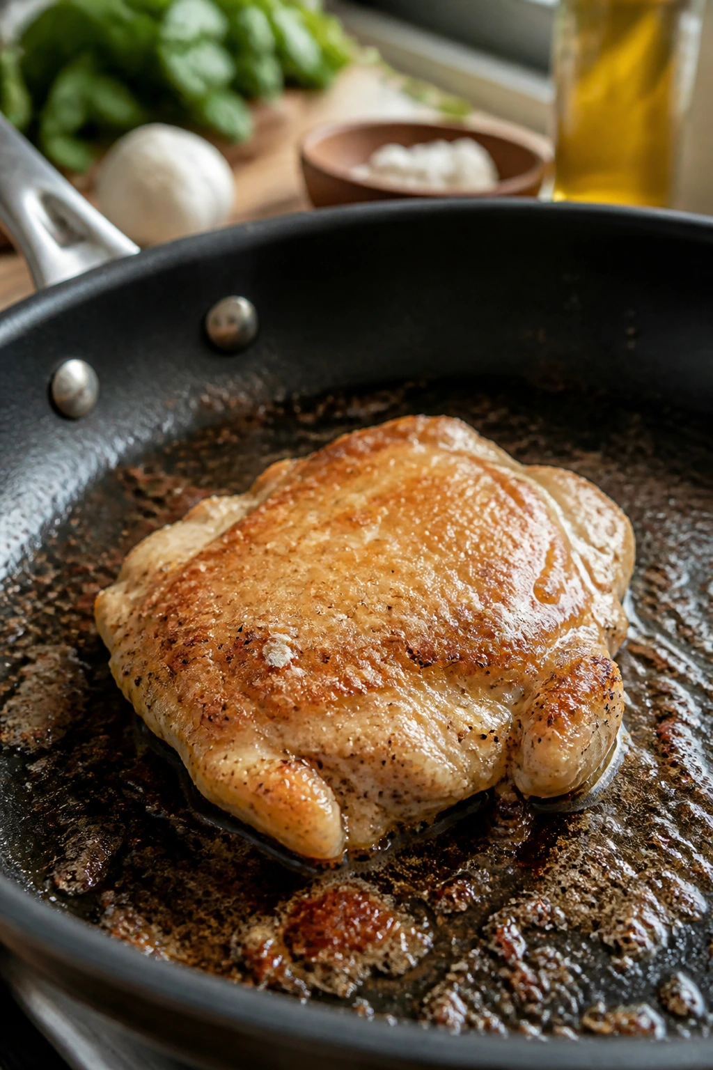 Close-up of a chicken thigh browning with flour coating in a skillet