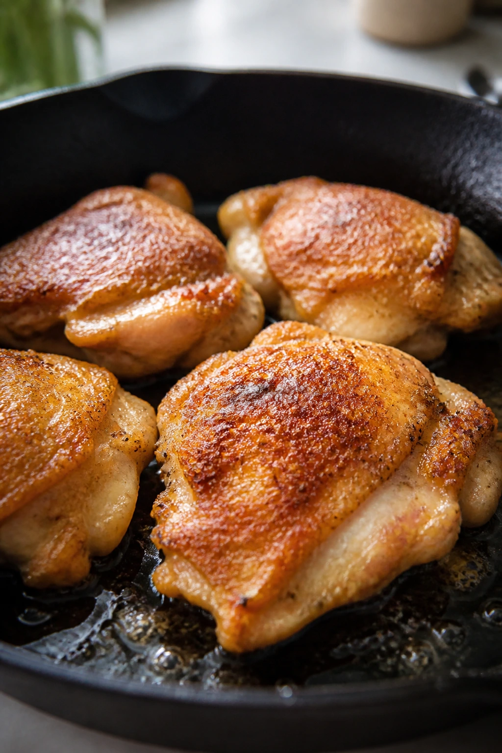 Close-up of browned chicken pieces in a hot pan