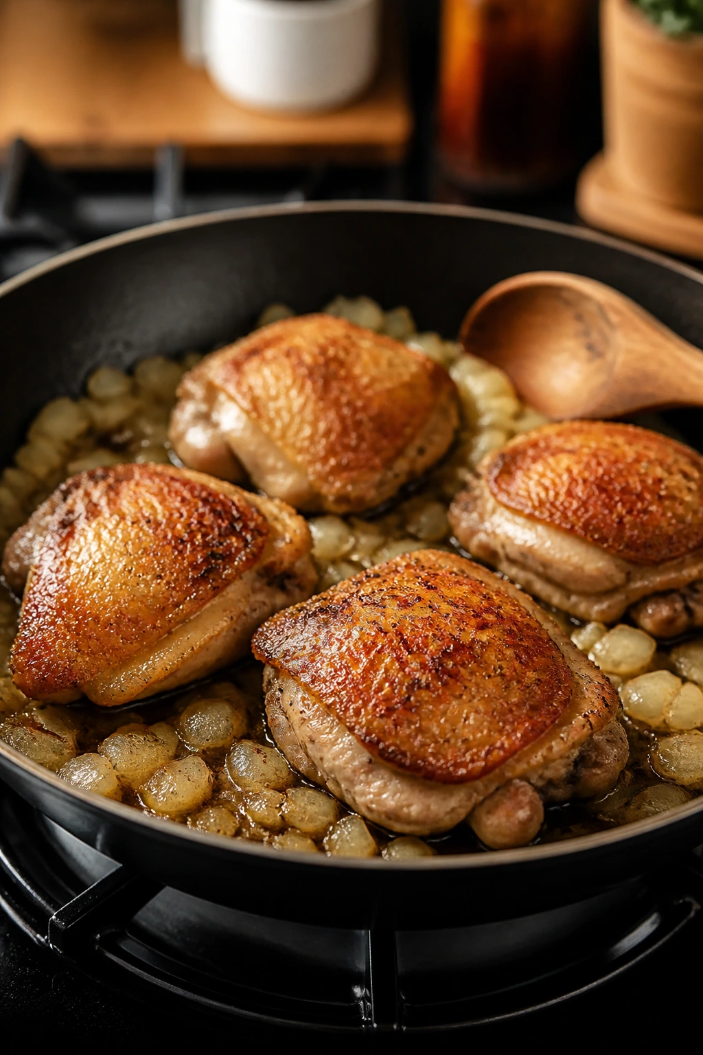 Medium close-up of browned chicken thighs browning in a skillet with onions nearby.