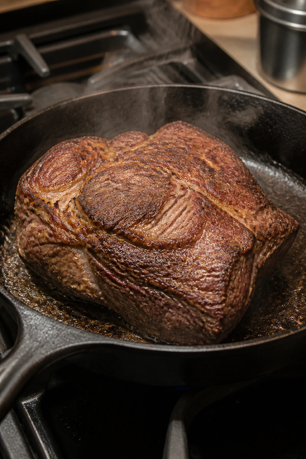 Chuck roast browning in a cast-iron skillet with crust forming