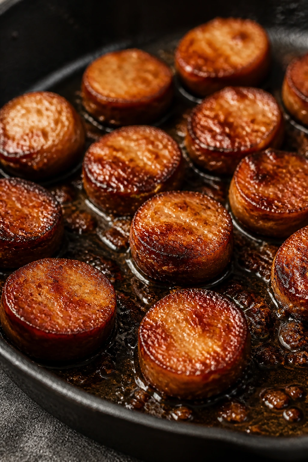 Golden-brown sausage coins with glossy glaze in a cast-iron skillet