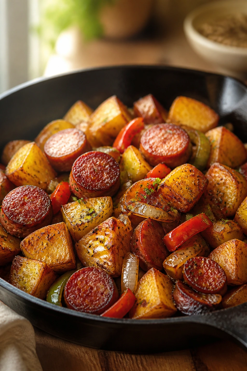 Skillet with deeply browned potatoes and crisp sausage