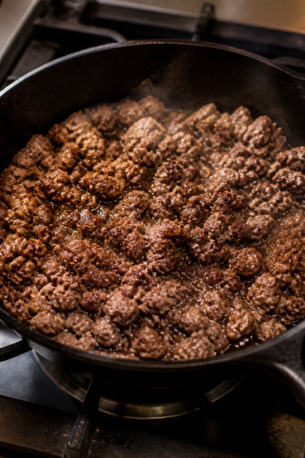 Close-up of browned ground beef browning in a skillet