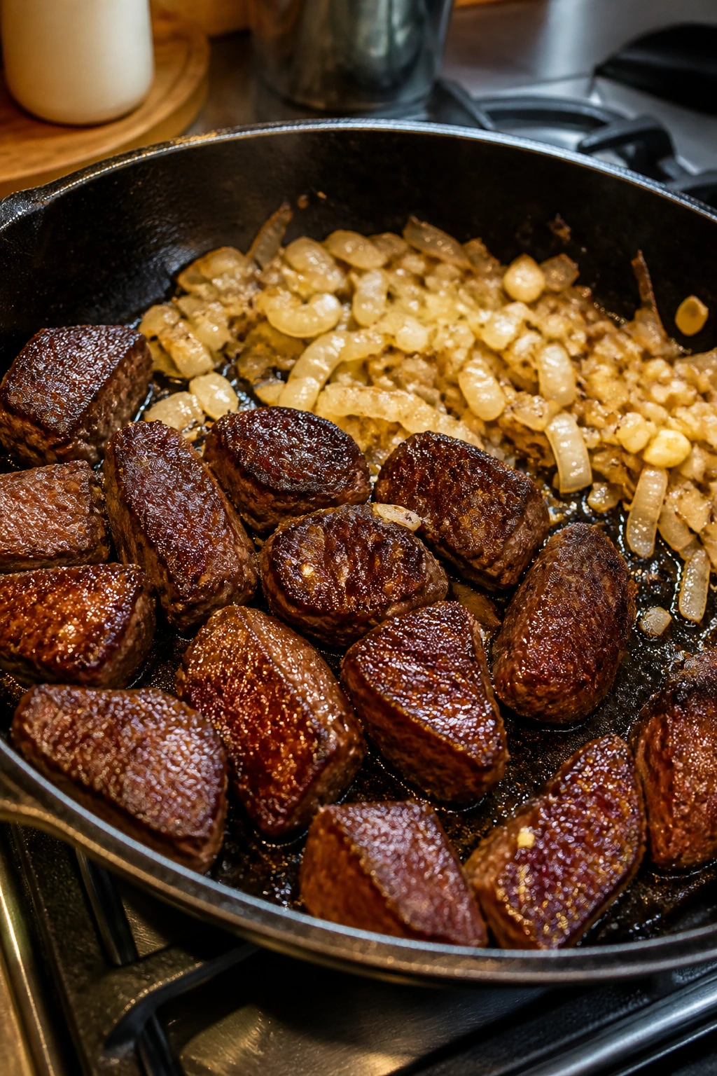 Close-up of beef browning in a skillet with onions and garlic on a stove in a warm kitchen