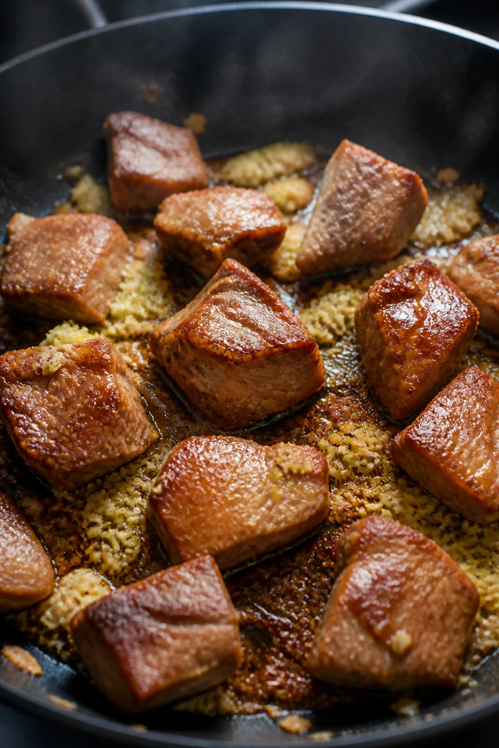 Searing pork with garlic and ginger creates fond in a skillet